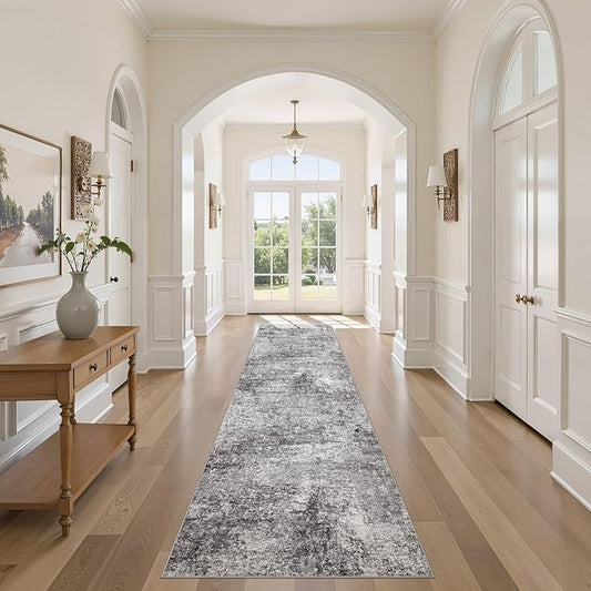 Washable Runner Rug for Hallway: 2.6x10 Neutral Modern Abstract Low Pile Area Rug with Non-Slip Backing - Carpet for Bedroom Kitchen Laundry Entryway Bathroom Indoor - Grey