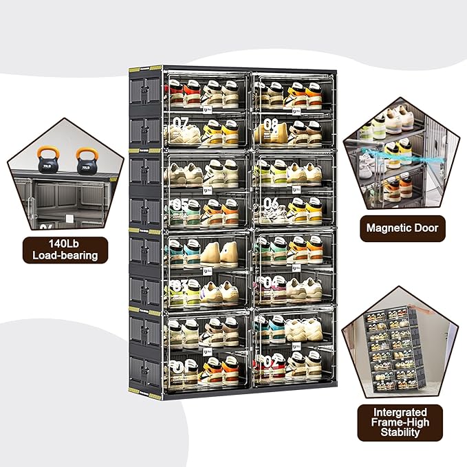 32 Pairs Portable Shoe Storage Cabinent of 3-Step Fast Installation,Plastic Shoe Box with Magnetic Clear Door for Entryway, Enclosed Shoe Rack for Sneaker, Heels etc.. (2Row, 8Tier)