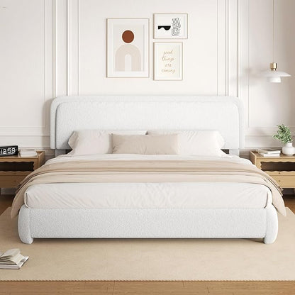 Queen Size Boucle Platform Bed Frame, Upholstered Cloud with Adjustable Headboard, Anti-Collision Soft Rounded Corners, No Box Spring Required, Easy Assembly, Noise Free