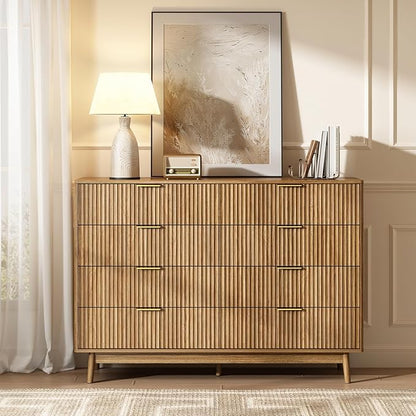 CARPETNAL Fluted 8 Drawer Dresser for Bedroom, 55" Wide Wooden Chest of Drawers with Rounded Corners, Gold Handles, Modern Storage Organizer for Bedroom, Hallway(Walnut)