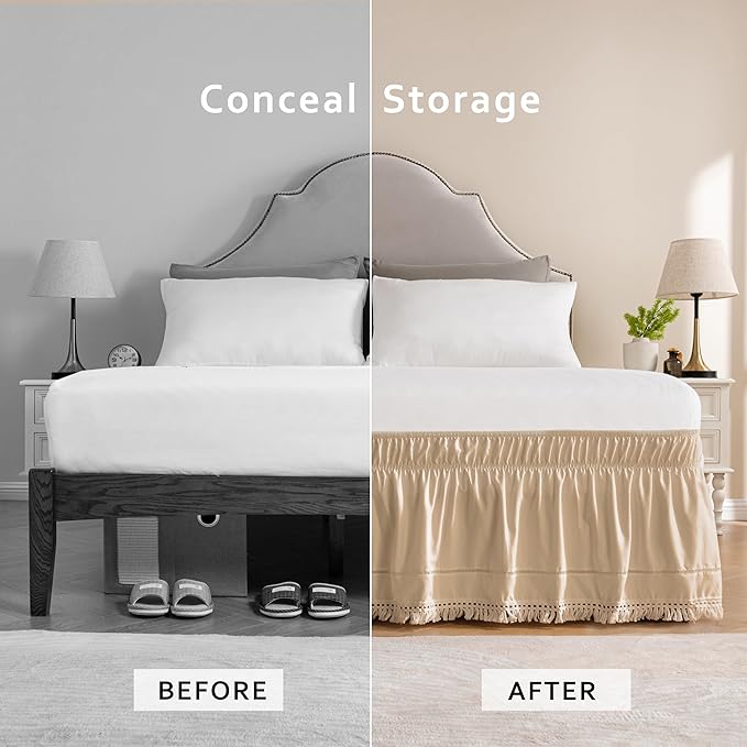 MIYE Wrap Around Ruffled Lace Bed Skirt, Elastic Dust Ruffle with Adjustable Belts, Easy to Put On, Bed Frame Cover, Machine Washable (Tassel Ruffle/Beige, King/Queen-15 Drop)