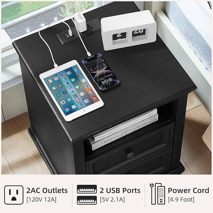 SAVOR LIFE Farmhouse Nightstand Set of 2 with Charging Station, Rustic Black Nightstand,2 Drawers End Table for Living Room,Bedside Table with Open Shelf for Bed Room,Black
