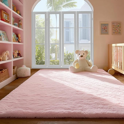 PAGISOFE Pink Fluffy Plush Area Rug 5x8, Kids Shag Rugs for Bedroom Girls, Living Room, Pastel Carpet Nursery Floor Girls Dorm Rug, Plush Soft Kids Rug for Room Decor Aesthetic Kawaii Pink Rugs