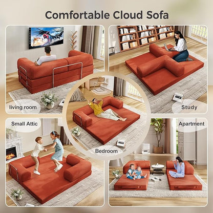 5-in-1 Folding Convertible Sofa Bed, 78 Inch Oversized Corduroy Upholstered Boneless Couch, Loveseat Sleeper with Pull Out Bed, Floor Sofa Modular Futon Couch for Living Room Bedroom Lounge