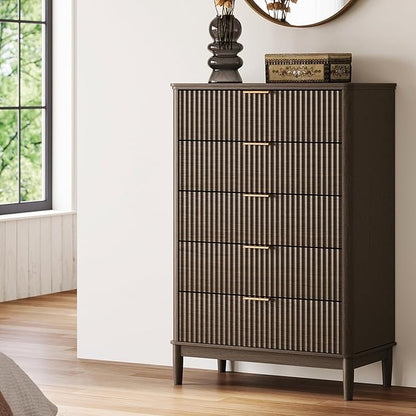 LINSY Fluted Dresser for Bedroom with 5 Drawers, Mid Century Modern Chest of Drawers with Gold Metal Handles, Tall Boho Wood Dressers, Large Farmhouse Storage Cabinet for Bedroom, Living Room, Walnut