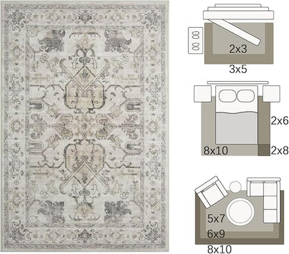 jinchan 5x7 Area Rugs Machine Washable Vintage Floral Throw Rug for Living Room Soft Ultra-Thin Low Pile Non-Slip Carpet for Kitchen, Bedroom, Dining Room, Nursery (5x7ft, Taupe)