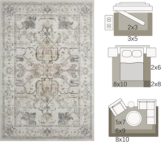 jinchan 2x3 Washable Rug for Entryway - Vintage Floral Ultra-Thin Low Pile Soft Small Non-Slip Distressed Indoor Doormat Accent Rug for Entrance Kitchen Bathroom Bedroom (2x3ft, Taupe)