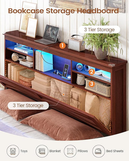 AOGLLATI Farmhouse Full Size Bed Frame with Lift Up Storage & Hidden Bookcase Storage Headbord, Wood Bed Frame Full with Charging Station, Led Lights, No Box Spring Needed, Brown