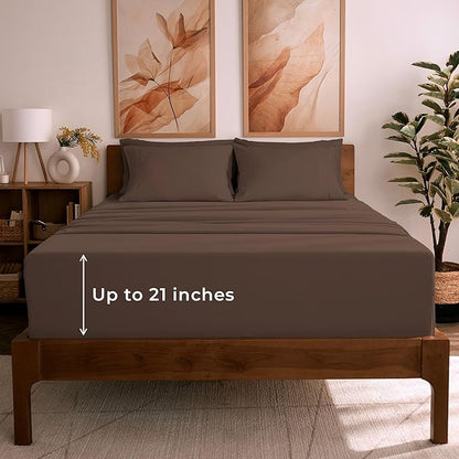 Mellanni Full Sheet Set - 6-Piece Iconic Collection Bedding, (Including 4 Pillowcases), 21-Inch Extra Deep Pocket, Easy Care, Ultra Soft, Cooling Sheets, Brushed Microfiber - Brown