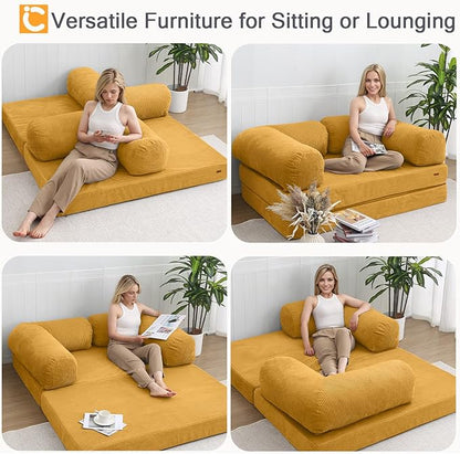 COMAX Folding Sofa Bed, 4-in-1 Convertible Foldable Floor Couch Futon Sofa with Armrests, Sleeper Mattress Fold Out Chair Bed Comfy Portable Lounge Guest for Living Room Bedroom, Yellow