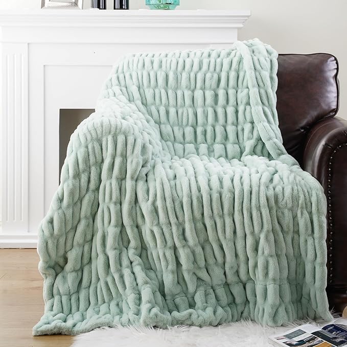 BATTILO HOME Luxury Faux Fur Throw Blanket for Couch, Super Soft Warm Cozy Plush Mink Blanket, Double Side Ruched Rabbit Fur Blanket for Bed, Sofa, Chair, 50"x60", Sage Green