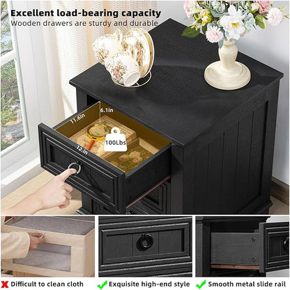 Farmhouse Night Stand Set of 2, 18" End Table with 3 Drawer Metal Handle, Dresser for Bedroom, Sofa Bed Side Table Chest of Drawers,Wood Nightstand Cabinet for Organizer, Living Room-Black