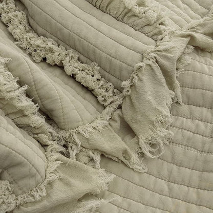 Ultra Soft Pre-Washed Quilted Boho Olive Green King Size Blankets for Bed, Green Ruffle Fringed Decorative Throw, Stone Washed Chic Rustic Blanket for Sofa Couch Bed, 104"*90"
