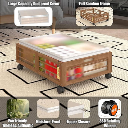 Under Bed Storage Containers with Wheels, Larger Bamboo Wood Under Furniture Storage Containers with Dust Bags，Rolling for Shoes Clothes