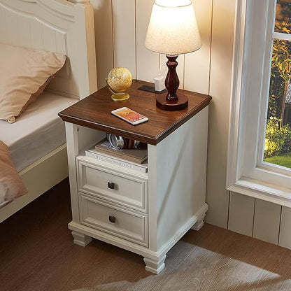SAVOR LIFE Farmhouse Nightstand Set of 2 with Charging Station, Antique Nightstands with Drawers, Bedside Table with Open Shelf for Bedroom, White