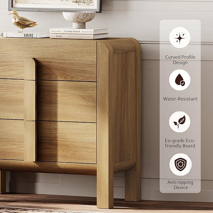 WAMPAT 3 in 1 9 Drawer Dresser for Bedroom, 94.5" Wide Mid Century Modern Wide Chest of Drawer, Wood Tall Nightstand with Curved Edge Handles, Closet Dresser TV Stand for Bedroom, Light Walnut