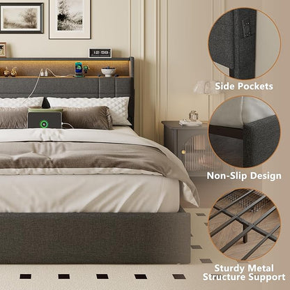 Forestell Queen Bed Frame with Headboard, Grey Upholstered Platform Bed with 4 Storage Drawers, Built-in LED Lights & Charging Station, Metal Slats Support, No Box Spring Needed, Cama Queen Size