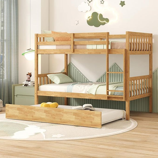 Bellemave Twin Over Twin Bunk Bed with Trundle,Convertible Bunk Beds with Ladder & Safety Guardrails,Twin Size Trundle Bunk Beds for Kids Girls Boys,Natural