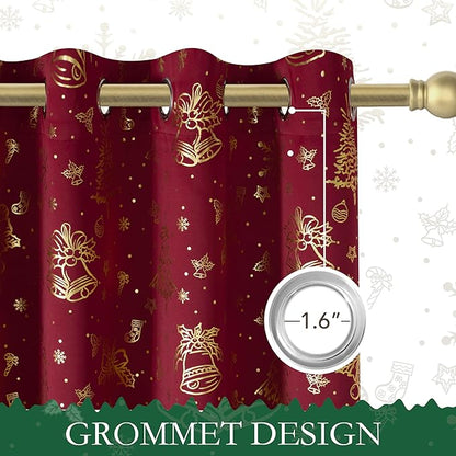 NICETOWN 2 Panels Christmas Red Curtains 52 x 108 Inch, Gold Stamping Grommet Drapes for Holiday Decoration, Christmas Style Window Treatment for Living Room Bedroom, Home Decor