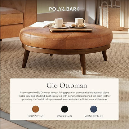 POLY & BARK Gio Ottoman – 30” Round with Feather-Down Topper – Full-Grain Leather Upholstery – Couch Ottoman for Living Room – Vintage Italian Leather in Cognac Tan
