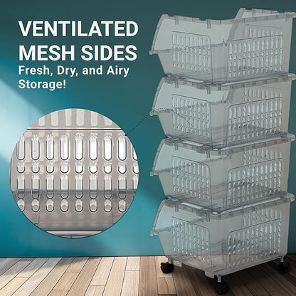 TidyFriend Plastic Stackable Bins - 4 Pack Large Stacking Bins Open Front For Toy Organizers and Storage, Pantry, Kitchen, and Bathroom Essentials (Light Grey)
