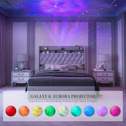 Full LED Bed Frame with Storage Drawers, Velvet Upholstered Platform Beds with Galaxy Star Projector Charging Station Speaker, Aurora Bedframe with 2-Tier Storage Headboard, Noise-Free, Grey