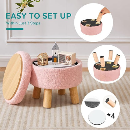 FIMIVIBI Small Foot Stool Ottoman with Storage, Sherpa Ottoman Foot Rest for Couch, Round Footstool with Storage, Small Ottomans and Footstools for Living Room and Entryway (Pink)