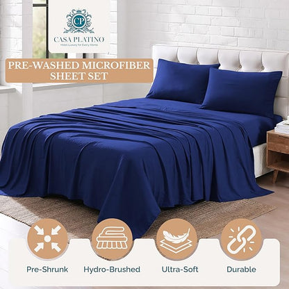 Casa Platino Full Size Bedding Set, Pre-Washed Ultra Soft & Breathable Bed Sheets Set, Brushed Microfiber, Fade Resistant, Full Sheets with Deep Pockets - Navy Blue