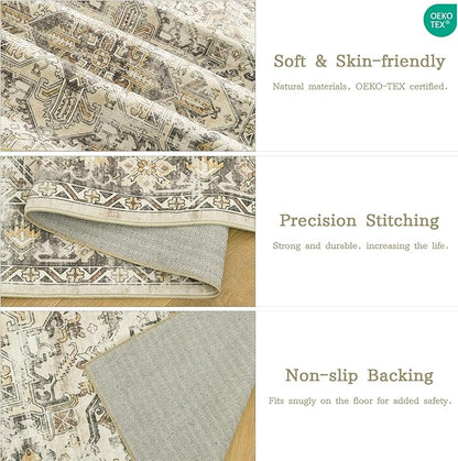 zesthome 5x7 Area Rugs - Ultra-Thin Washble Rug, Stain Resistant Anti Slip Backing Rugs for Living Room,Bedroom, Vintage Home Decor Area Rug (Beige/Brown,5'x7')
