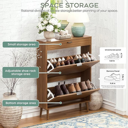 Yechen Shoe Storage Cabinet with 2 Flip Drawers& 1 Small Drawer, Slim Entryway Shoe Organizer with Fluted Wavy Doors for Hallway,Walnut