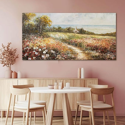 YETHEN WAL Floral Wildflower Meadow Wall Art – Countryside Cottage Landscape Canvas Print, Rustic Farmhouse Coastal Décor for Hallway Living Room Bedroom, 20×40 Inch