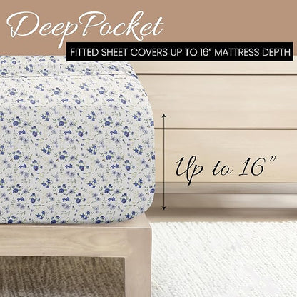 Linen Market Double-Brushed Patterned Microfiber California King Sheet Set 4 Piece – OEKO-TEX Certified Ultra Soft & Wrinkle-Free - 16" Deep Pocket Sheets Easy Care Cal-King Size - Blossoms Light Blue