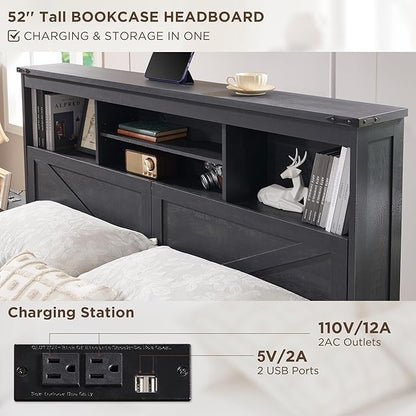 ACCOHOHO Farmhouse Queen Size Bed Frame with 52" High Storage Bookcase Headboard and 4 Drawers,Wooden Bed Frame with LED Light and Charging Station,Black