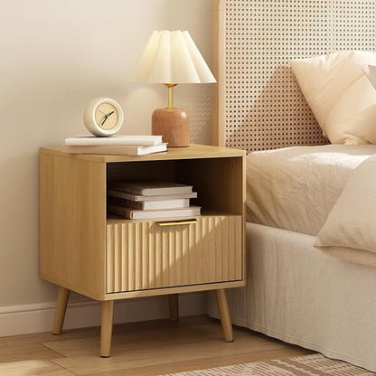 CARPETNAL Fluted Nightstand Set of 2, Oak Bedside Table with Drawer and Storage Shelf, Wood End Table Mid Century Night Stands for Bedroom Living Room