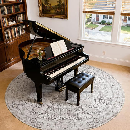 jinchan Lima Round Rug 8ft Vintage Machine Washable Area Rug Indoor Circle 8' Ultra-Thin Non-Slip Floral Print Carpet for Farmhouse Entryway Dining Room Living Room Bedroom Office (8'Round, Taupe)