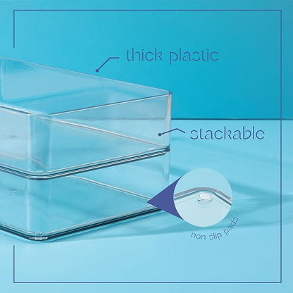 primebox Six Pieces. Plastic Clear Drawer Organizers for Bathroom, Kitchen, Bedroom, Office. Organizer Bins, Storage Trays. Heavy Duty, Stackable, Non-Slip. 3 Sizes