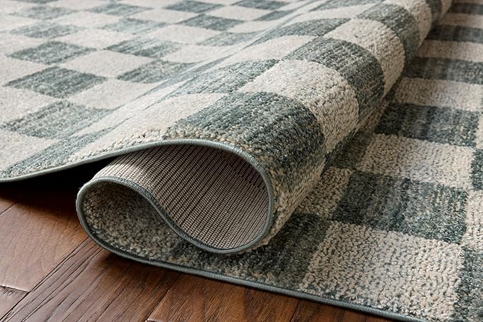 Loloi Chris Loves Julia Calvin Collection CLV-01 Blue/Ivory 2'-7" x 10'-0" Runner Rug Checkered Neutral Soft Living Room Bedroom Carpet
