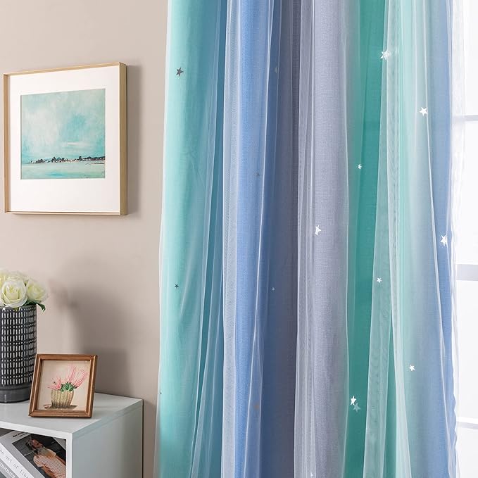 XiDi Curtains for Bedroom Decor, Rainbow BluGrenGrey-34-45
