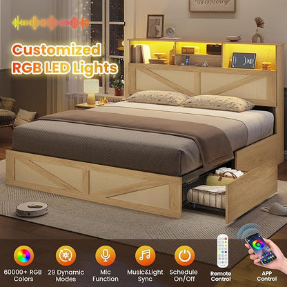 VIAGDO Rattan Bed Frame Queen Size with Bookcase Storage Headboard, Charging Station and LED Lights, Wooden Queen Bed Frame with 4 Drawers, Barn Door Design, No Box Spring Needed, No Noise, Natural