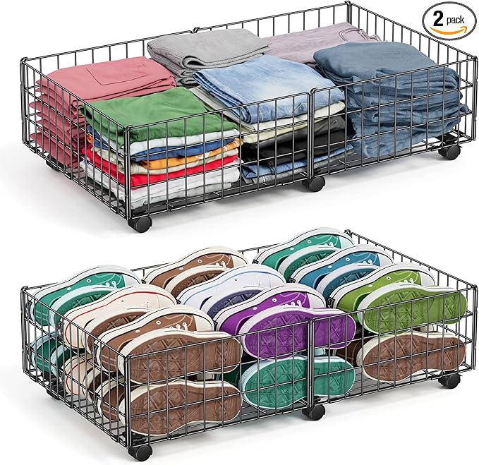 Mr IRONSTONE Under Bed Storage Containers with 6 Wheels | Upgraded Heavy-Duty Metal Frame Holds Up to 80LBS | Space-Saving Rolling Underbed Storage Organizer for Shoes, Clothes & Seasonal Items
