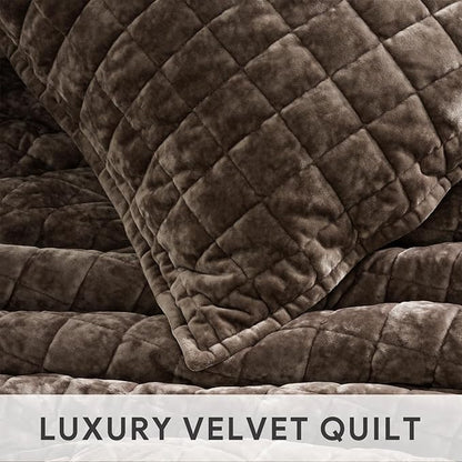 RECYCO Luxury Velvet Quilt Set Full Queen Size Bedding Sets, Ultra Soft Velvet Comforter Set, Lightweight Channel Box Stitch Oversized Bedspread Coverlet for All Season, with 2 Shams, Walnut Brown