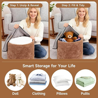 Tiita Pouf Ottoman and Foot Rest, Round Foam Stuffed Floor Pouf with Storag for Living Room, Brown