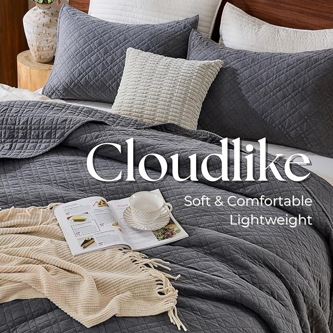 Cali King Quilt Set with Shams Lightweight Quilted Bedspread Coverlet Thin Comforter Bed Cover Vintage Washed Quilted Blanket for All Season, Brushed Microfiber Diamond Stitching, Ash Gray, 111"x92"