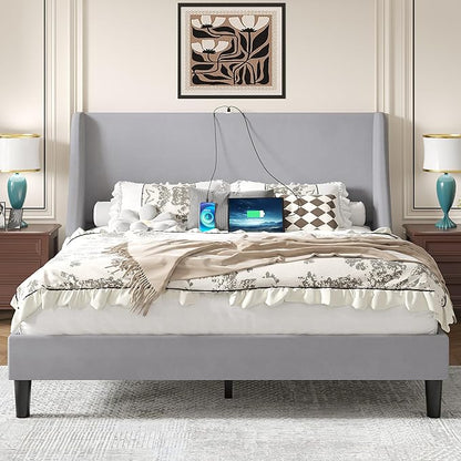 VECELO Full Bed Frame with Upholstered Wingback Headboard, Heavy-Duty Platform Bedframe with Charging Station, Wooden Slats, No Box Spring Needed, Light Grey