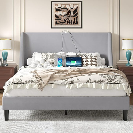 VECELO Full Bed Frame with Upholstered Wingback Headboard, Heavy-Duty Platform Bedframe with Charging Station, Wooden Slats, No Box Spring Needed, Light Grey