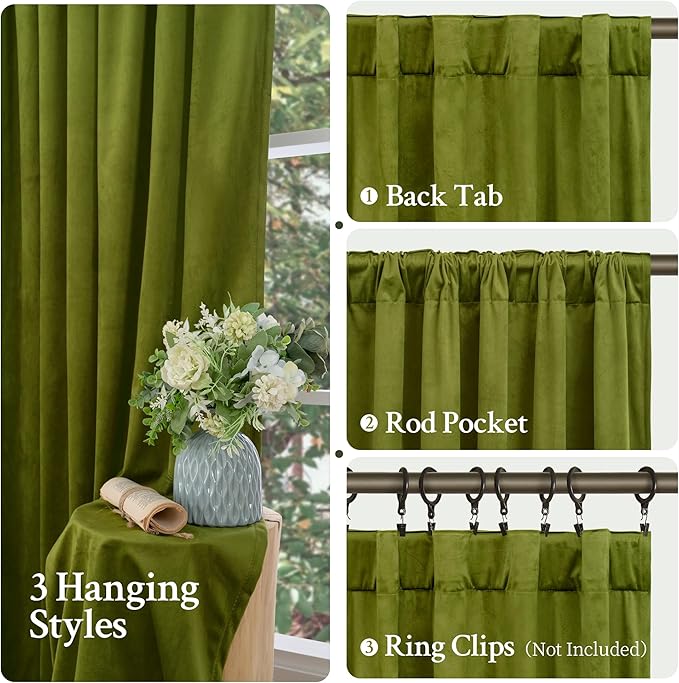 LAMIT Moss Green Velvet Curtains 108 Inch for Living Room, Vintage Thermal Insulated Blackout Panels Super Soft Back Tab and Rod Pocket Window Drapes for Bedroom, 2 Panels, 52 x 108 Inch