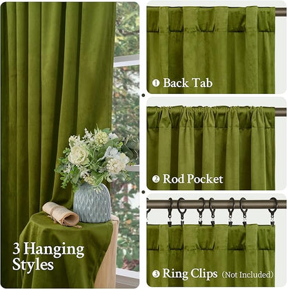 LAMIT Velvet Curtains for Living Room 96 Inch, Vintage Blackout Thermal Insulated Panels Super Soft Back Tab and Rod Pocket Room Darkening Window Drapes for Bedroom, 2 Panels, Moss Green 52 x 96 Inch