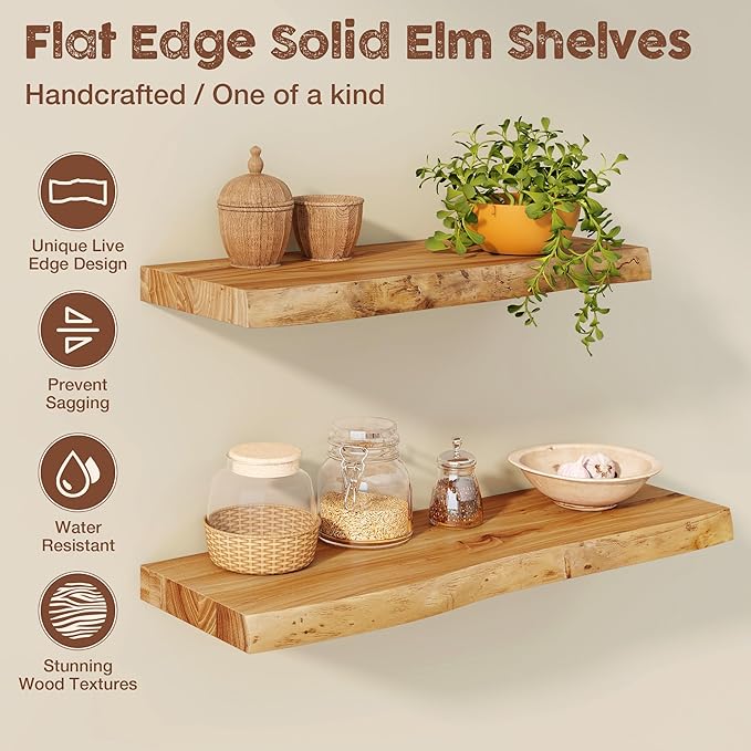 fuqing Live Edge Floating Shelves for Wall 24 inch, 8 Inch Deep Solid Elm Wood Floating Wall Shelves - Rustic Wooden Shelves with Invisible Brackets for Living Room Bedroom Kitchen, 2 Pack, Natural