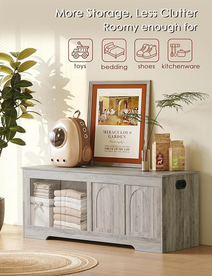 DINZI LVJ Storage Chest, 47.2" Rattan-Like Toy Box with 2 Safety Hinges, Wooden Entryway Storage Bench with Flip-Top, Large Trunk for Living Room, Bedroom, Easy Assembly, Gray Wash