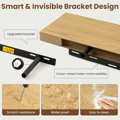 30 Inch Floating Shelves for Wall, 8 Inch Deep Floating Shelf for Storage & Display, Rustic Wall Mounted Shelf with Invisible Brackets for Living Room, Kitchen, Bathroom, Home Decor, Set of 2, Oak